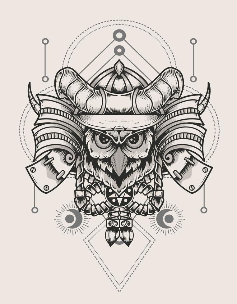 illustration owl bird head with samurai helmet vector