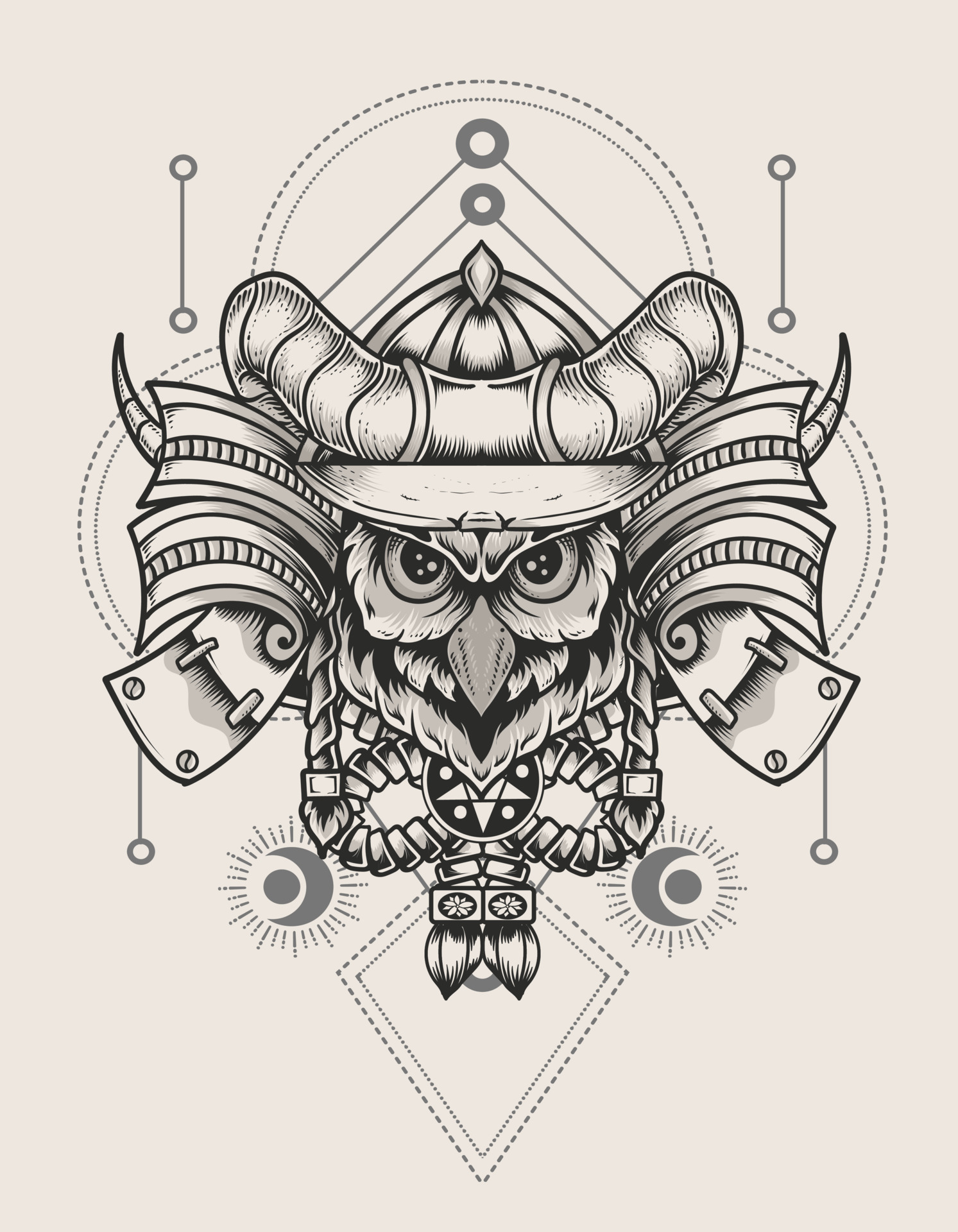 illustration owl bird head with samurai helmet 13704101 Vector Art at