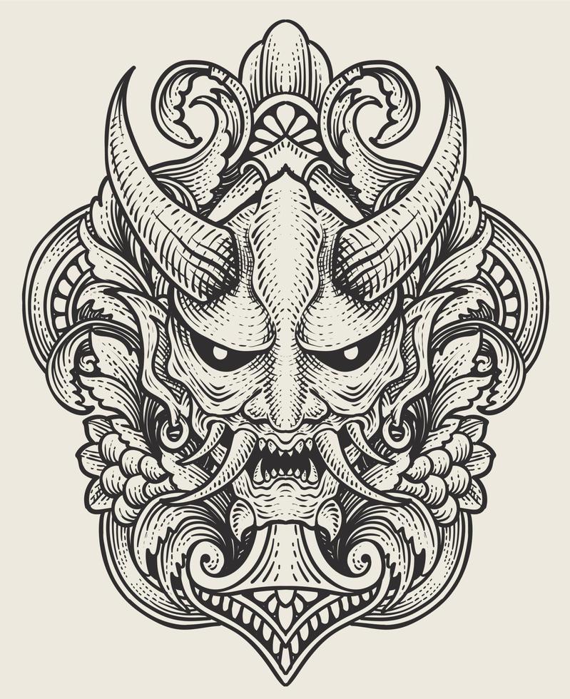 oni mask isolated with engraving ornament style vector