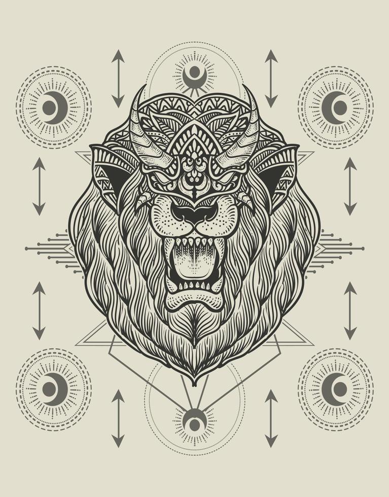 illustration lion head with sacred geometry vector