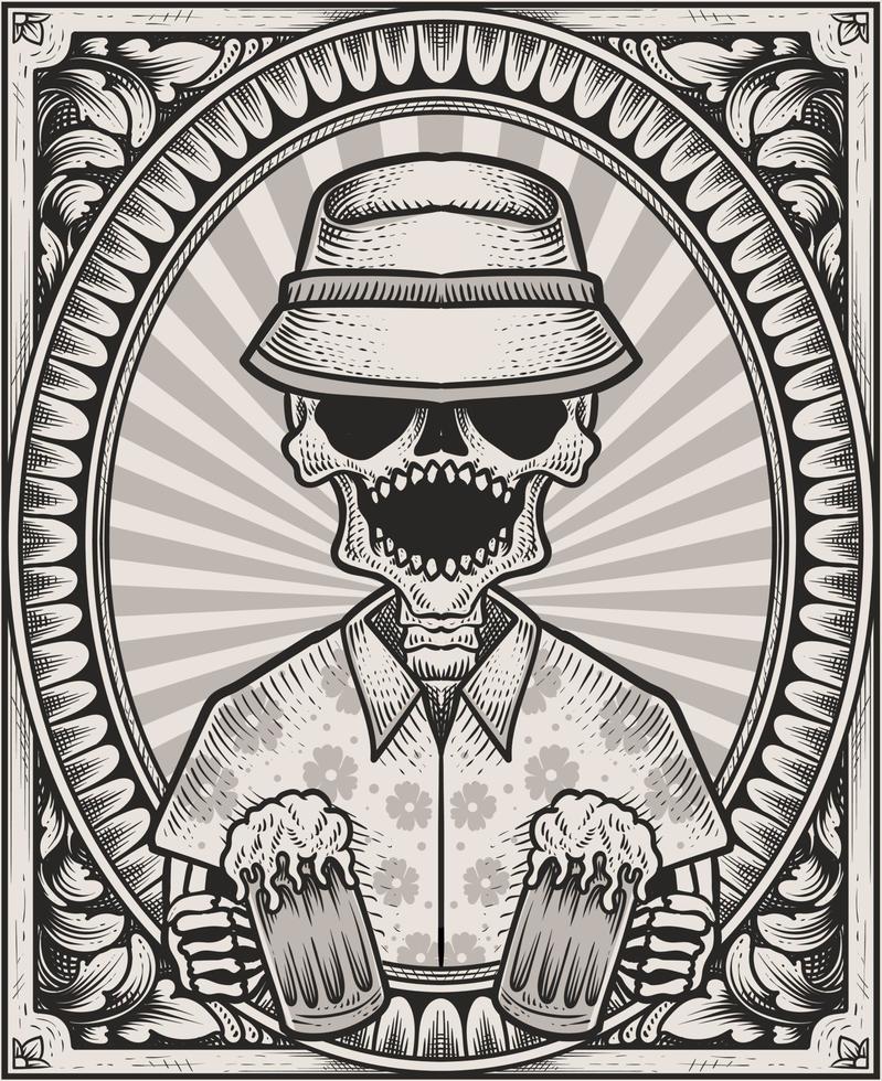 illustration skull beer with engraving ornament frame vector