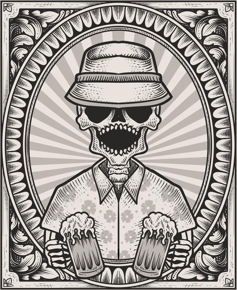 illustration skull beer with engraving ornament frame vector