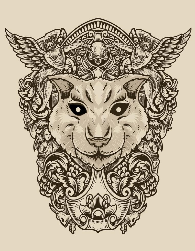 illustration cat head with engraving ornament vector