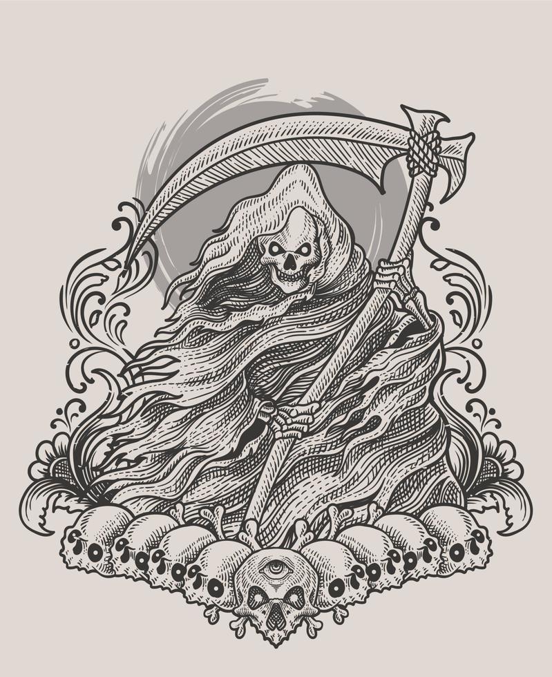 Illustration scary grim reaper with vintage engraving style vector
