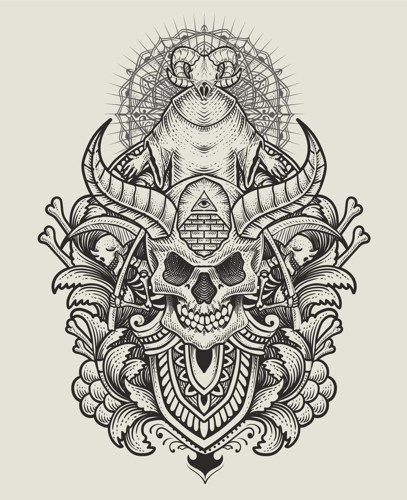 cráneo de demonio de ilustración con estilo de grabado antiguo perfecto para camiseta, sudadera con capucha, chaqueta, afiche vector