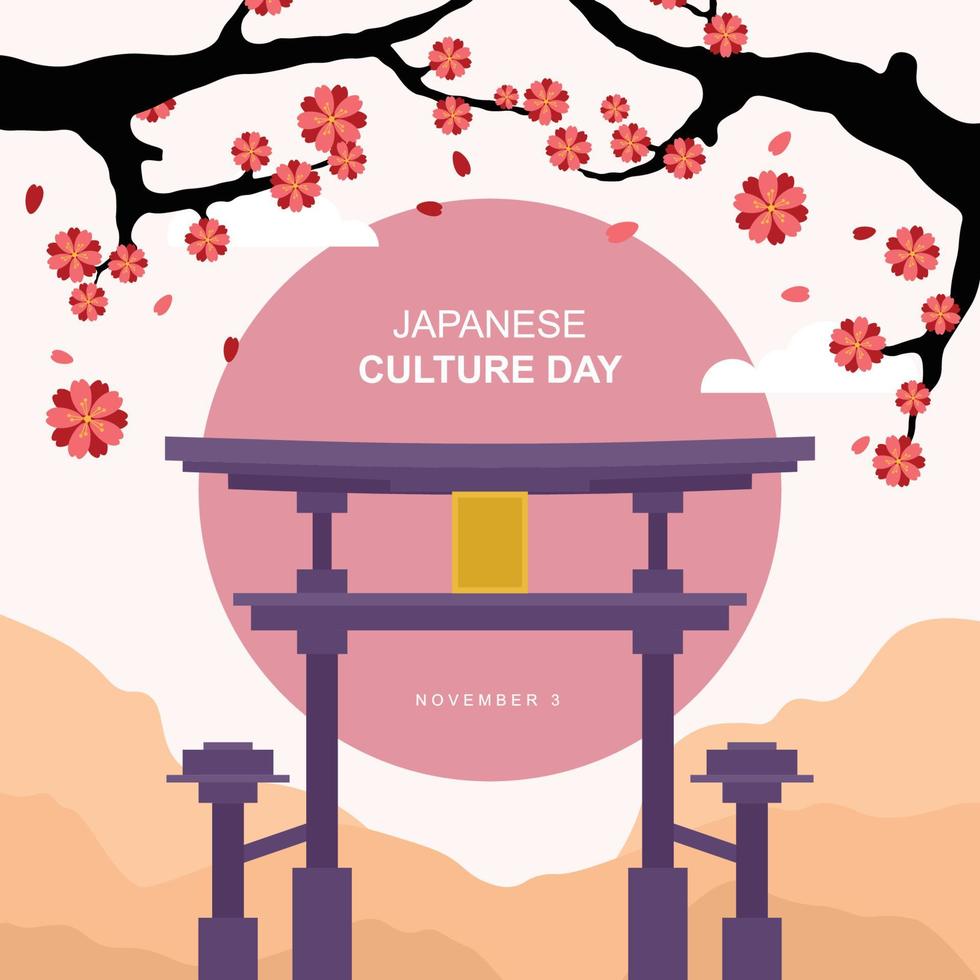 Japanese culture day background. Design with torri and sakura. vector