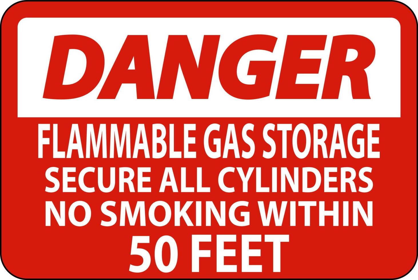 señal de peligro almacenamiento de gas inflamable, asegurar todos los cilindros, no fumar dentro de los 50 pies vector