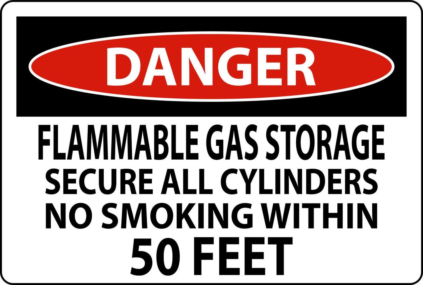 señal de peligro almacenamiento de gas inflamable, asegurar todos los cilindros, no fumar dentro de los 50 pies vector