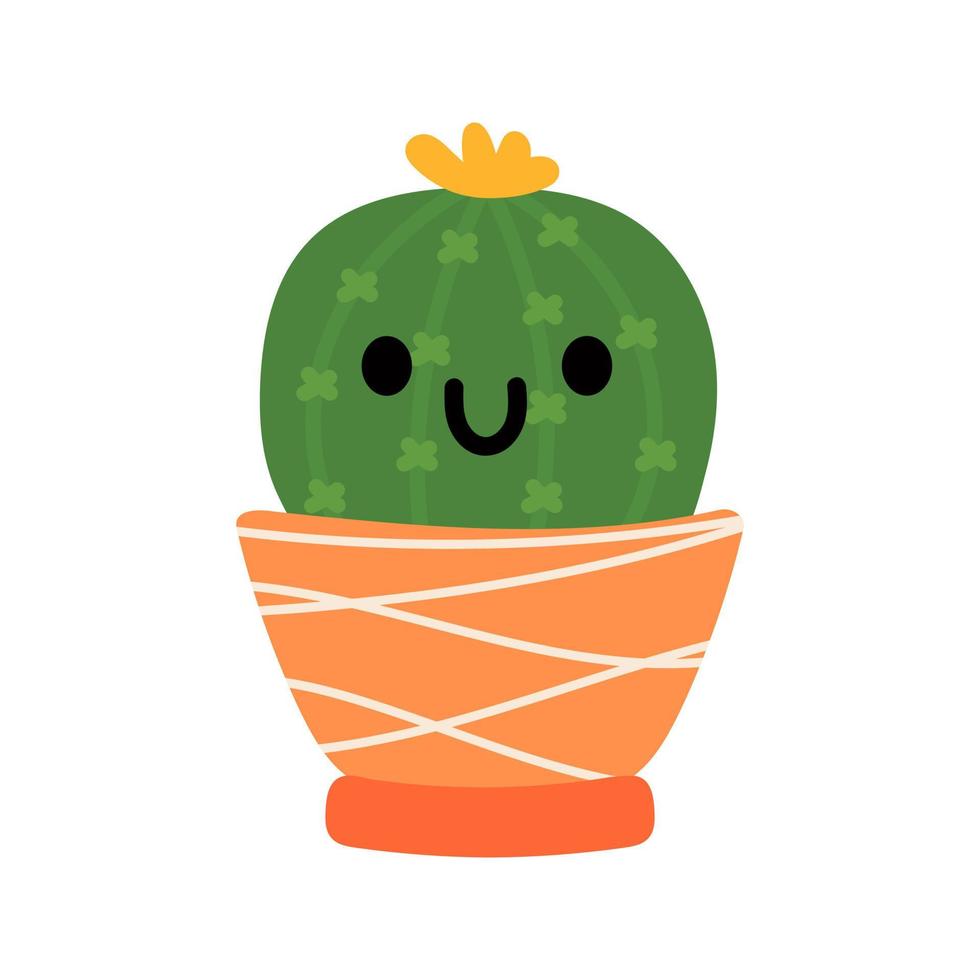 Cactus plant in pot with cute face. Indoor plant in a flat style. Vector illustration.