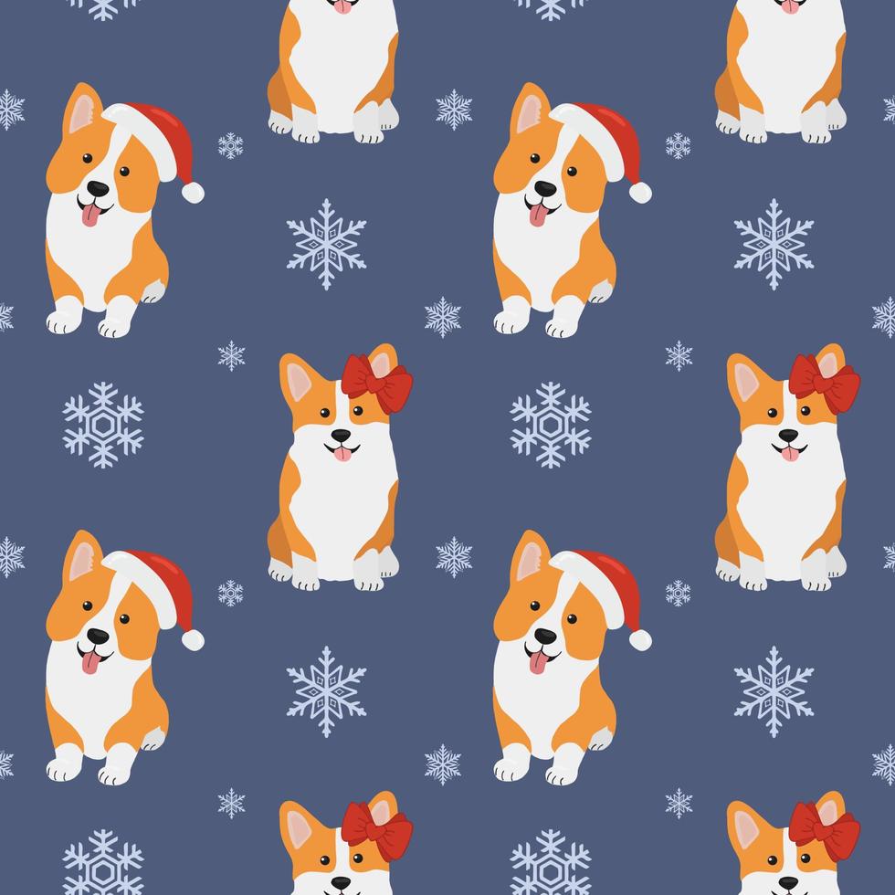 Seamless patten with  corgis in Santa Claus hat and snowflakes. Background for wrapping paper,  greeting cards and seasonal designs. Merry Christmas and Happy new year. vector