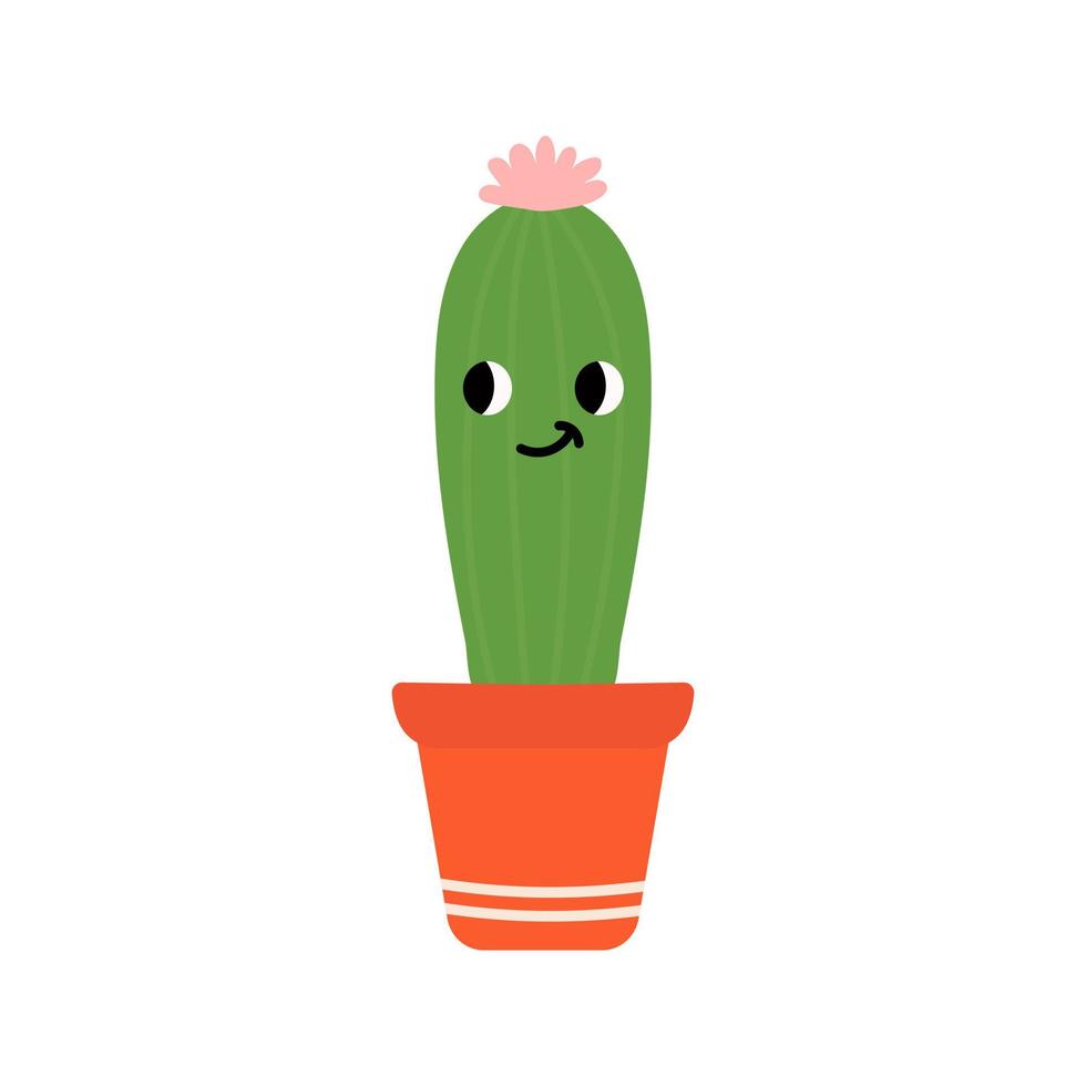 Cactus plant in pot with cute face. Indoor plant in a flat style. Vector illustration.