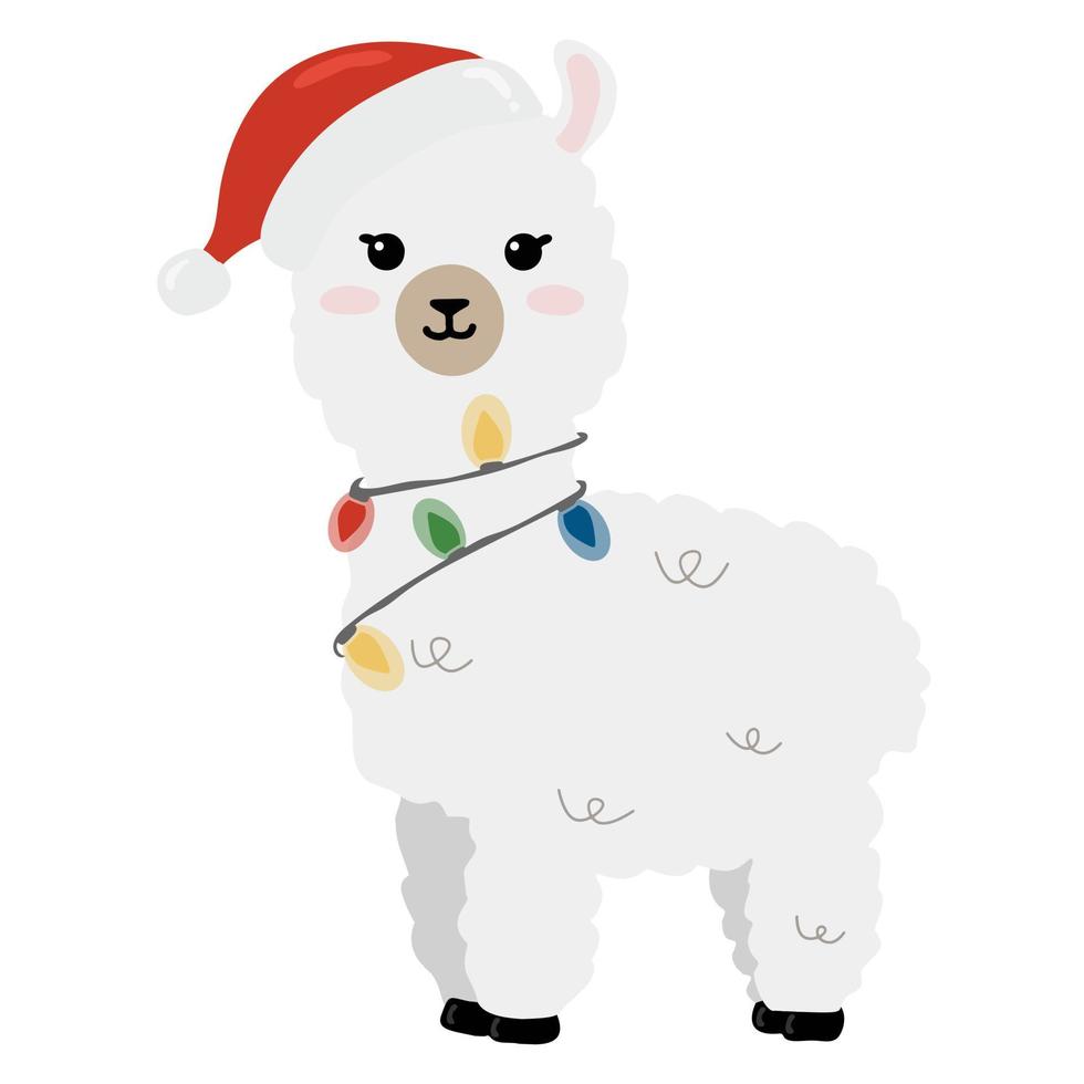 Illustration of cute cartoon alpaca  in Santa Claus hat isolated on white background. vector