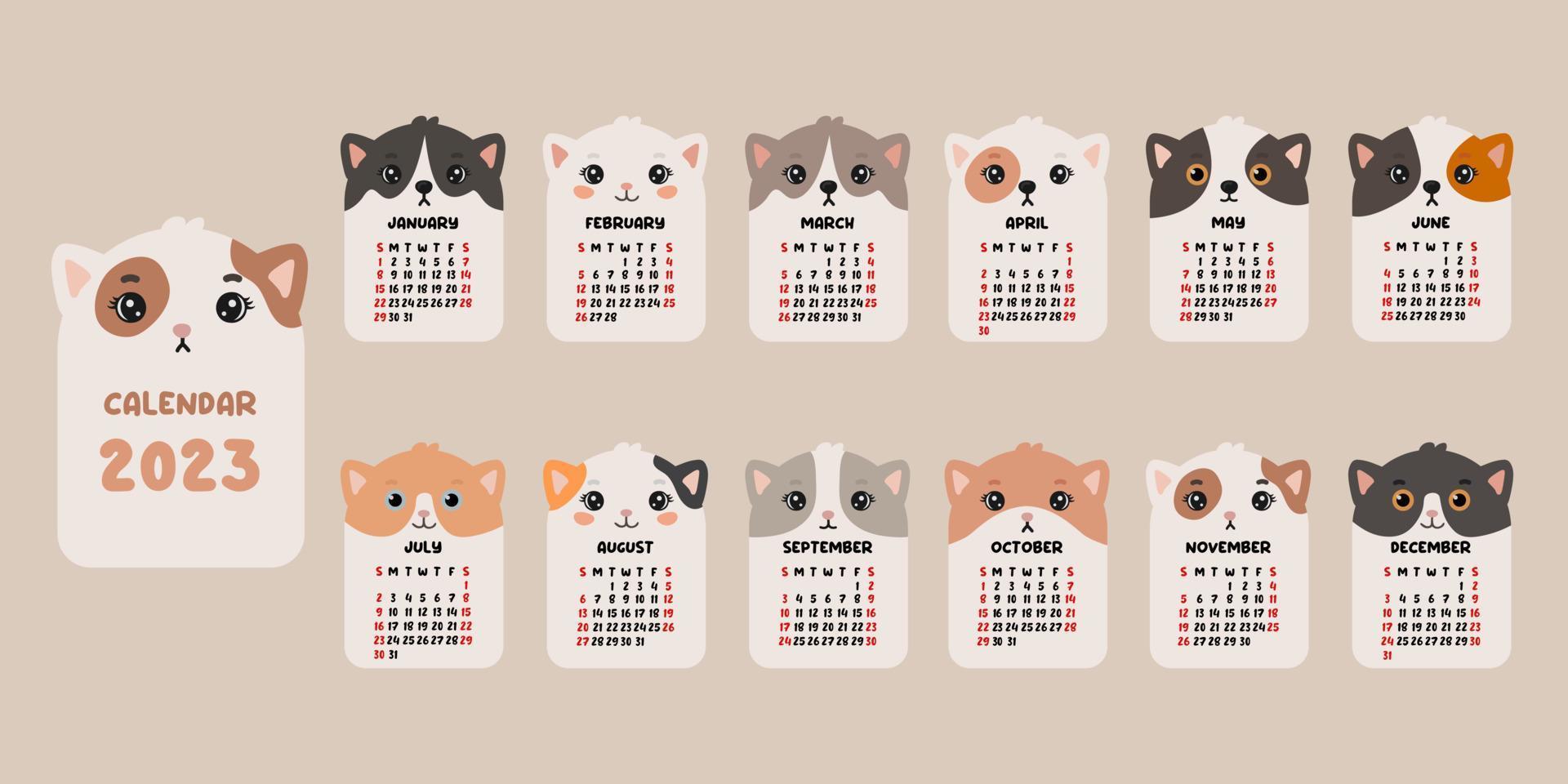 lindo calendario con gatos. Calendario 2023 con lindos gatos. calendario minimalista para el año para imprimir. vector