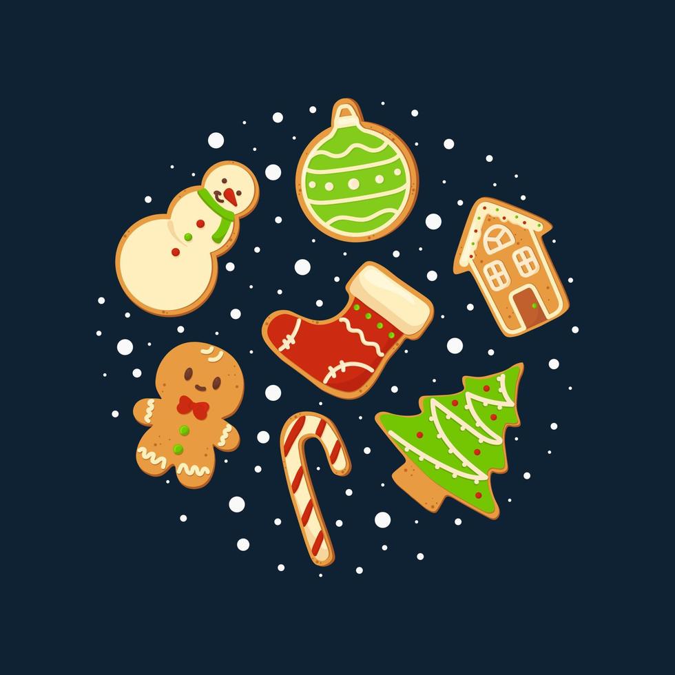 tarjeta de navidad con galletas de jengibre. hermosa ilustración para tarjetas de felicitación, carteles y diseño de temporada. ilustración vectorial vector