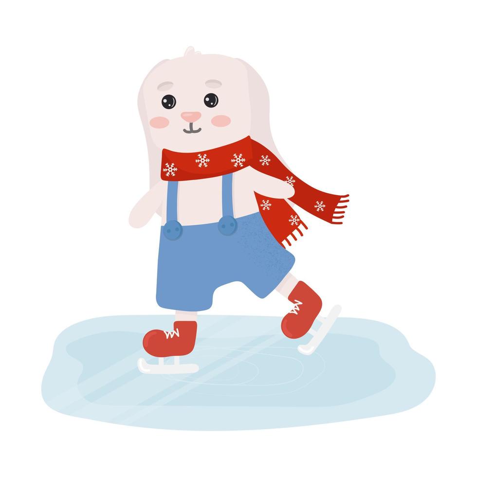 lindo conejito en una bufanda patinando sobre hielo. lindo conejo patinador. carácter vectorial infantil. ilustración vectorial perfecto para tarjetas de navidad y diseño decorativo. vector