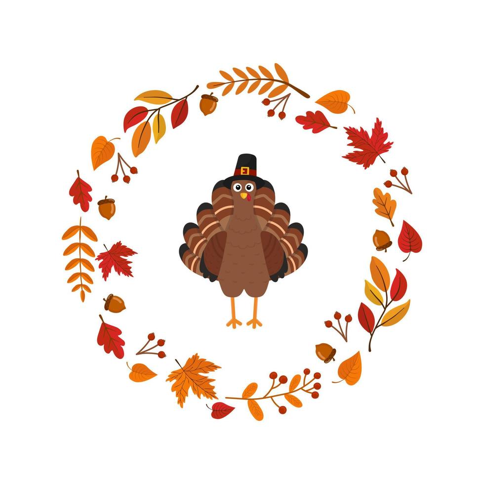 tarjeta de felicitación con pavo y hojas de otoño. Feliz día de acción de gracias. ilustración vectorial vector