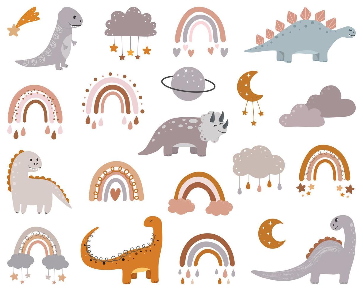 vector boho clipart para la decoración de la guardería con lindos dinosaurios, arco iris, luna, nube, estrellas. ilustración moderna. perfecto para baby shower, cumpleaños, fiesta infantil.