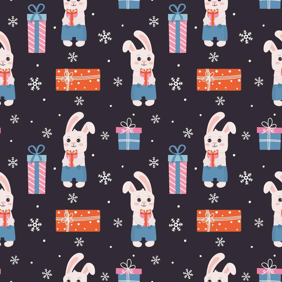 Winter seamless pattern with bunny, presents and snowflakes. Perfect for wrapping paper, greeting cards and seasonal design. vector