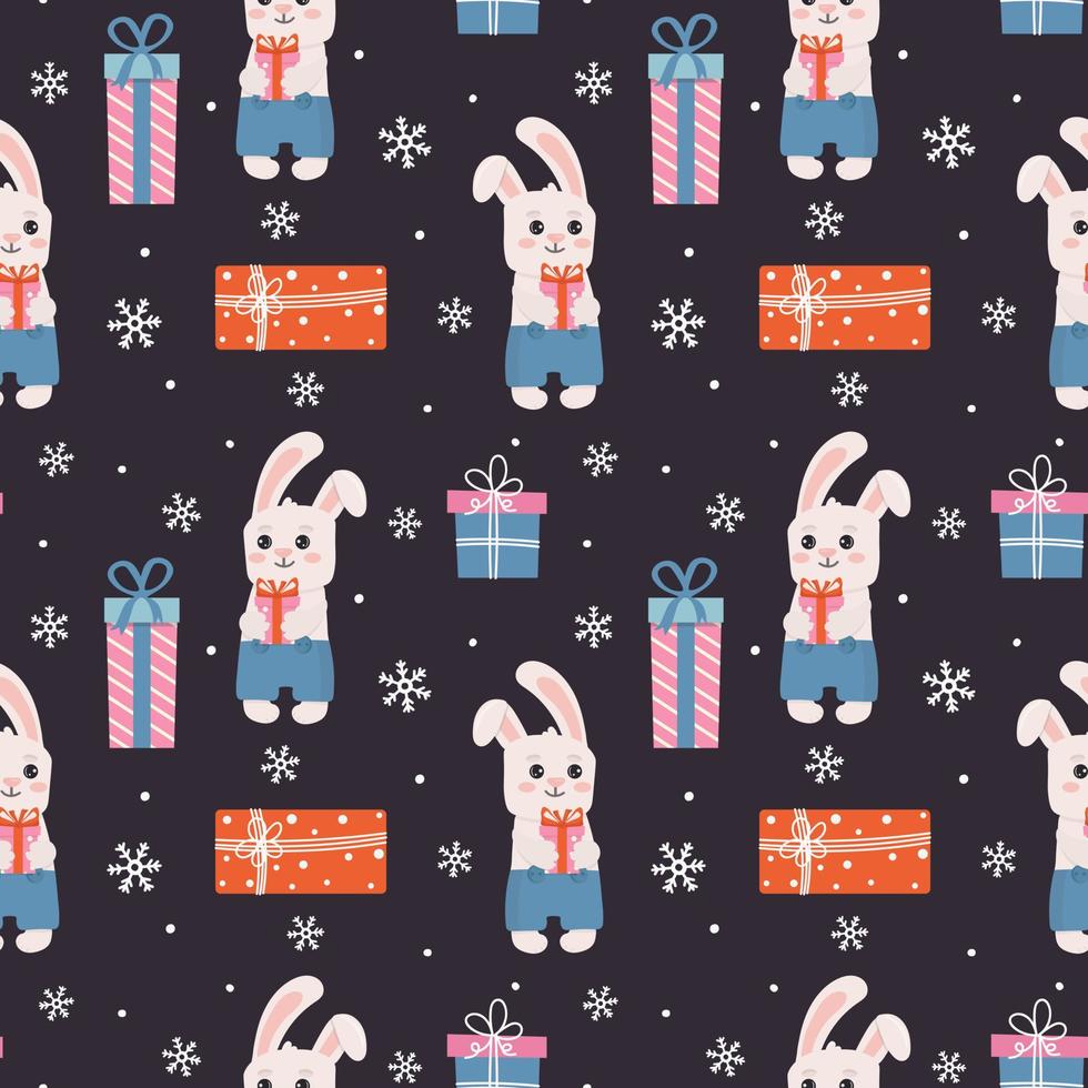 Winter seamless pattern with bunny, presents and snowflakes. Perfect for wrapping paper, greeting cards and seasonal design. vector