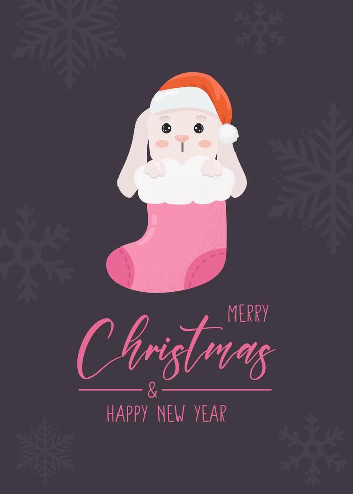 tarjeta de navidad con conejito de navidad en calcetín. texto de saludo feliz navidad y feliz año nuevo. hermosa ilustración para tarjetas de felicitación, carteles y diseño de temporada. vector