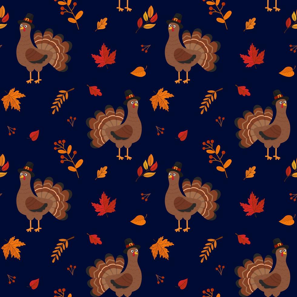 Seamless vector pattern with turkey and autumn leaves. Texture for fabric, wallpaper, apparel, wrapping. Happy Thanksgiving.