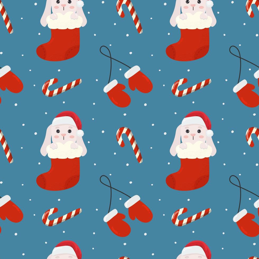 Winter seamless pattern with bunny, caramel and mittens. Perfect for wrapping paper,  greeting cards and seasonal design. vector
