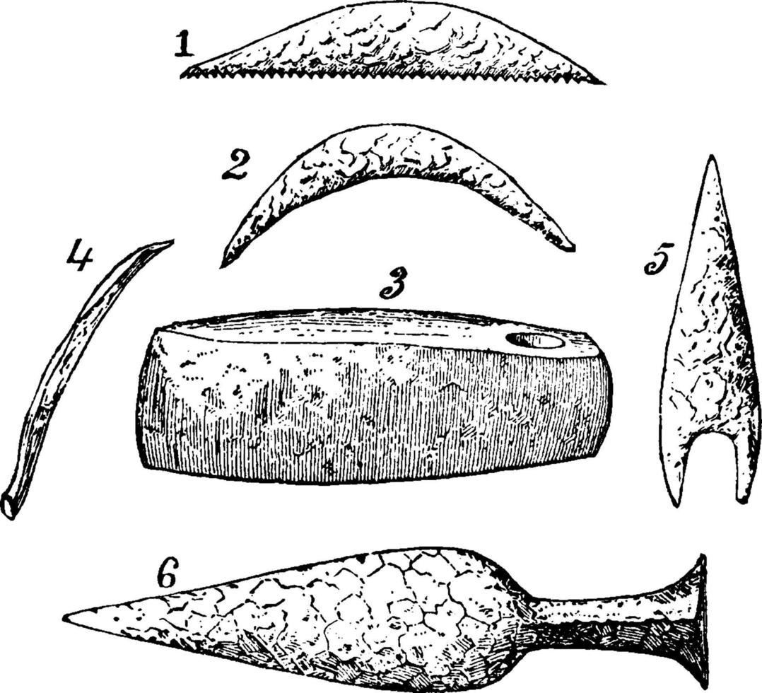 diseño de herramientas de la edad de piedra en esta imagen, grabado antiguo. vector