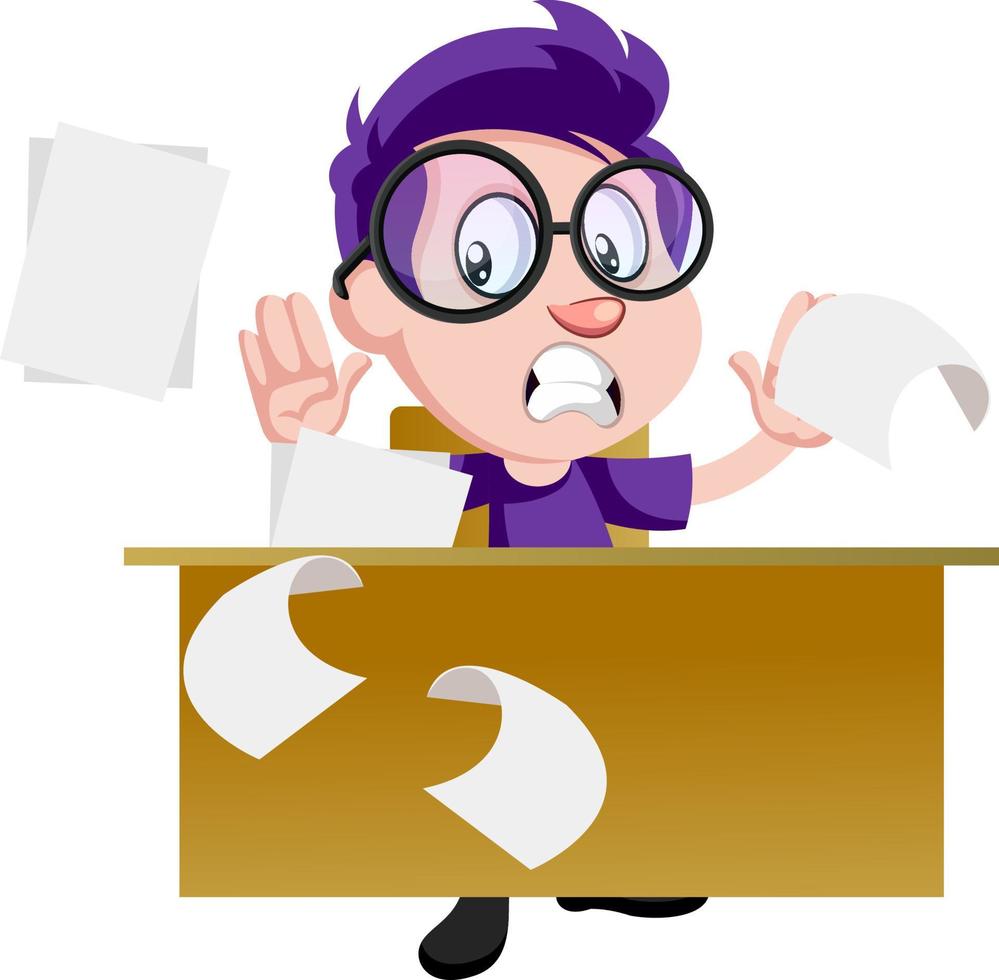 Boy with glasses working, illustration, vector on white background.
