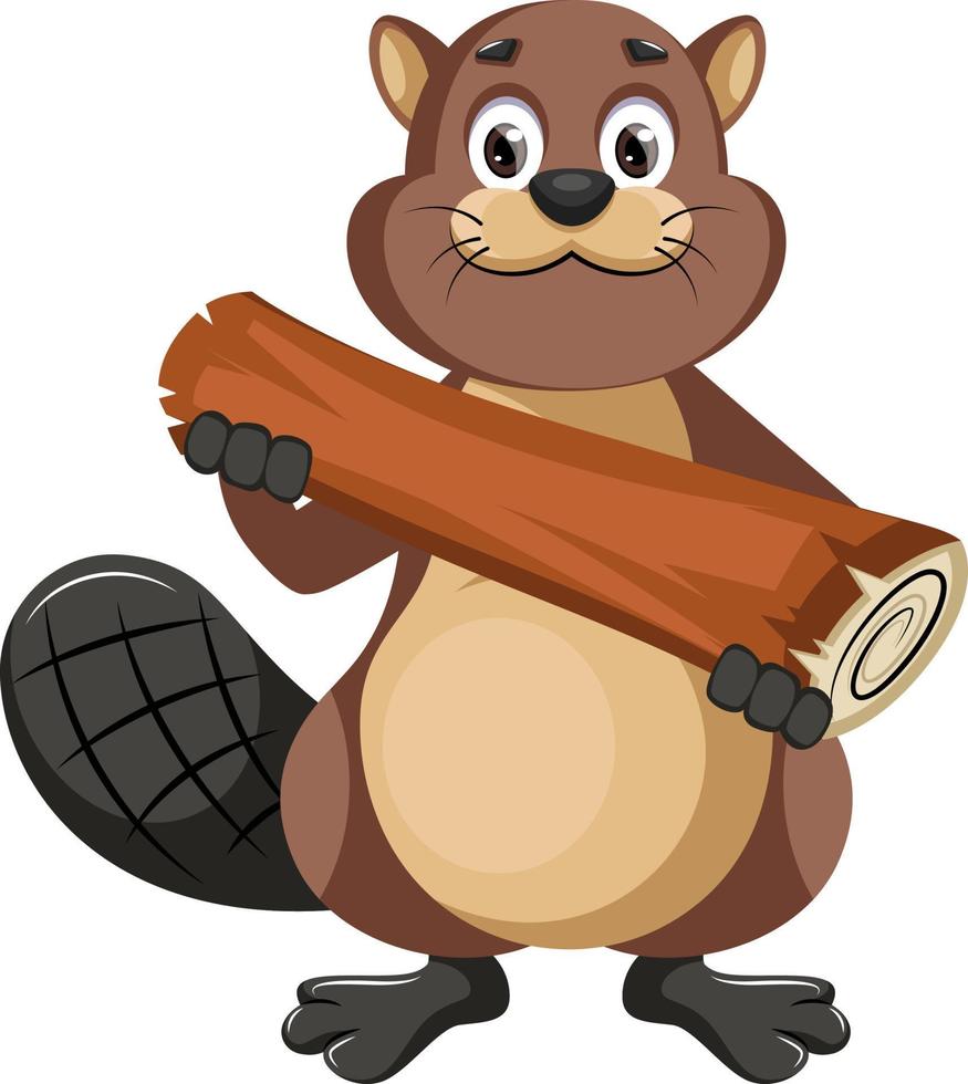 Beaver holding log, illustration, vector on white background.