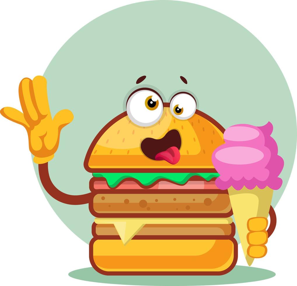 Burger is holding an ice cream cone, illustration, vector on white background.