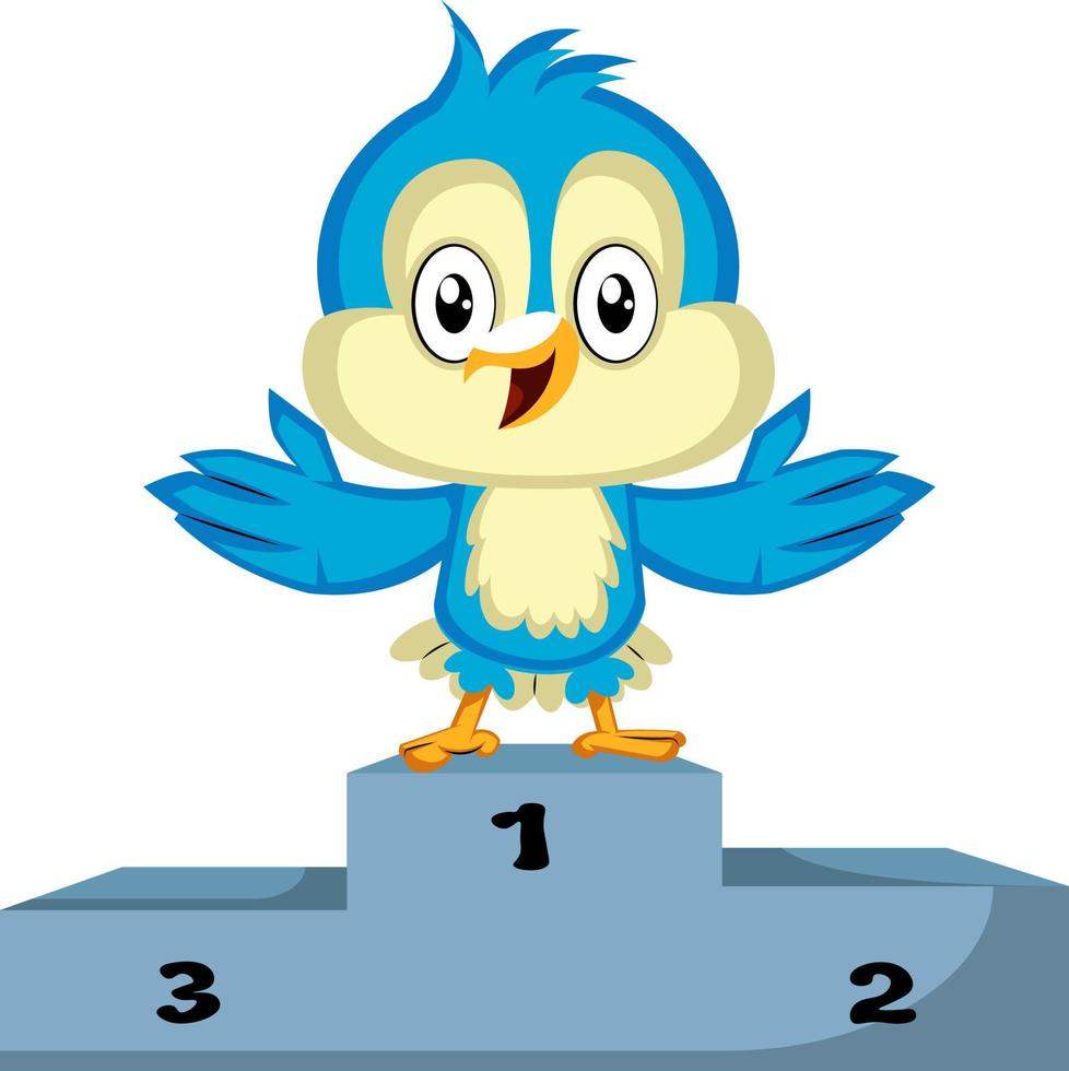 Blue bird is standing on the winner stand , illustration, vector on white background.