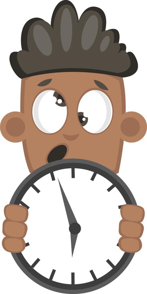 Boy holding clock, illustration, vector on white background.