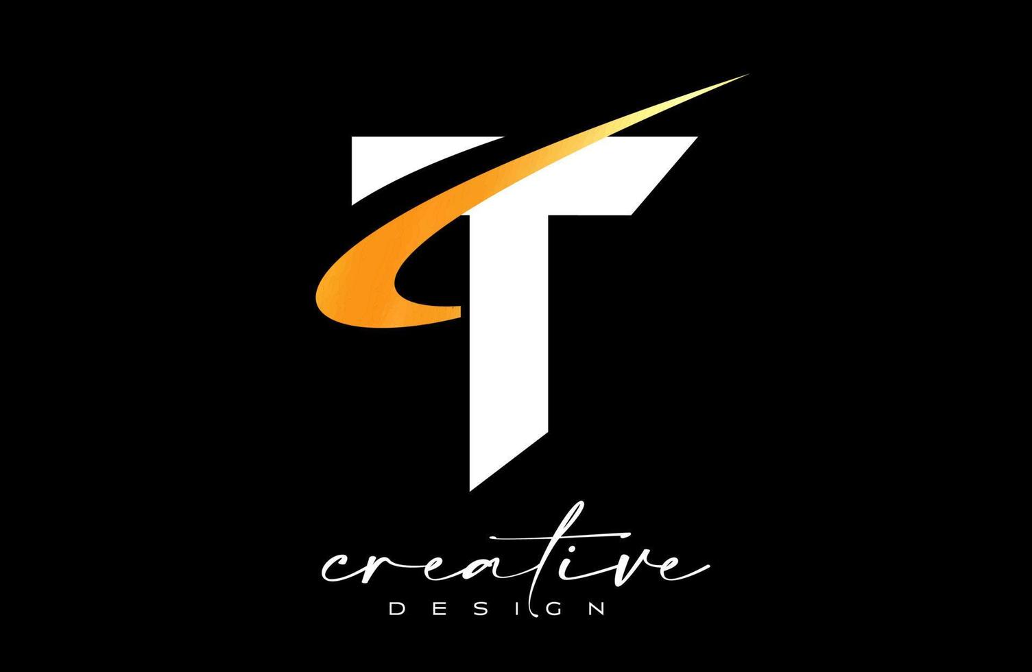 diseño de logotipo de letra t con creativo swoosh dorado. icono inicial de letra t con vector de forma curva