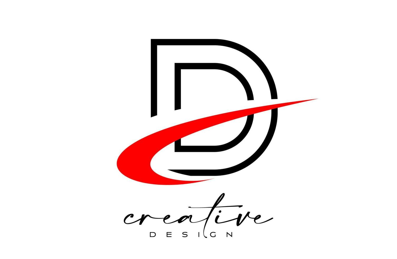 Outline D Letter Logo Design with Creative Red Swoosh. Letter d Initial icon with curved shape vector