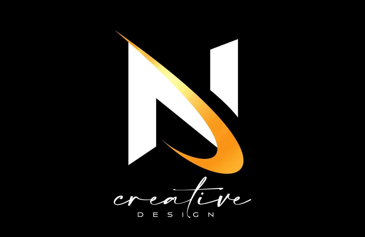 diseño de logotipo de letra n con creativo swoosh dorado. letra n icono inicial con vector de forma curva