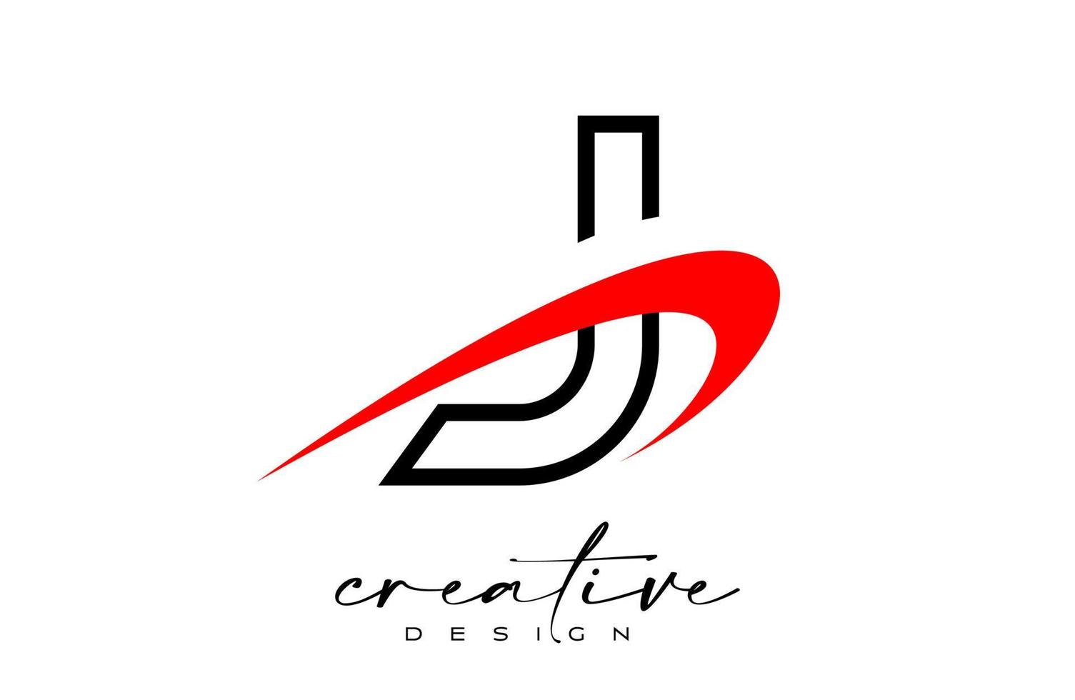 Outline J Letter Logo Design with Creative Red Swoosh. Letter j Initial icon with curved shape vector