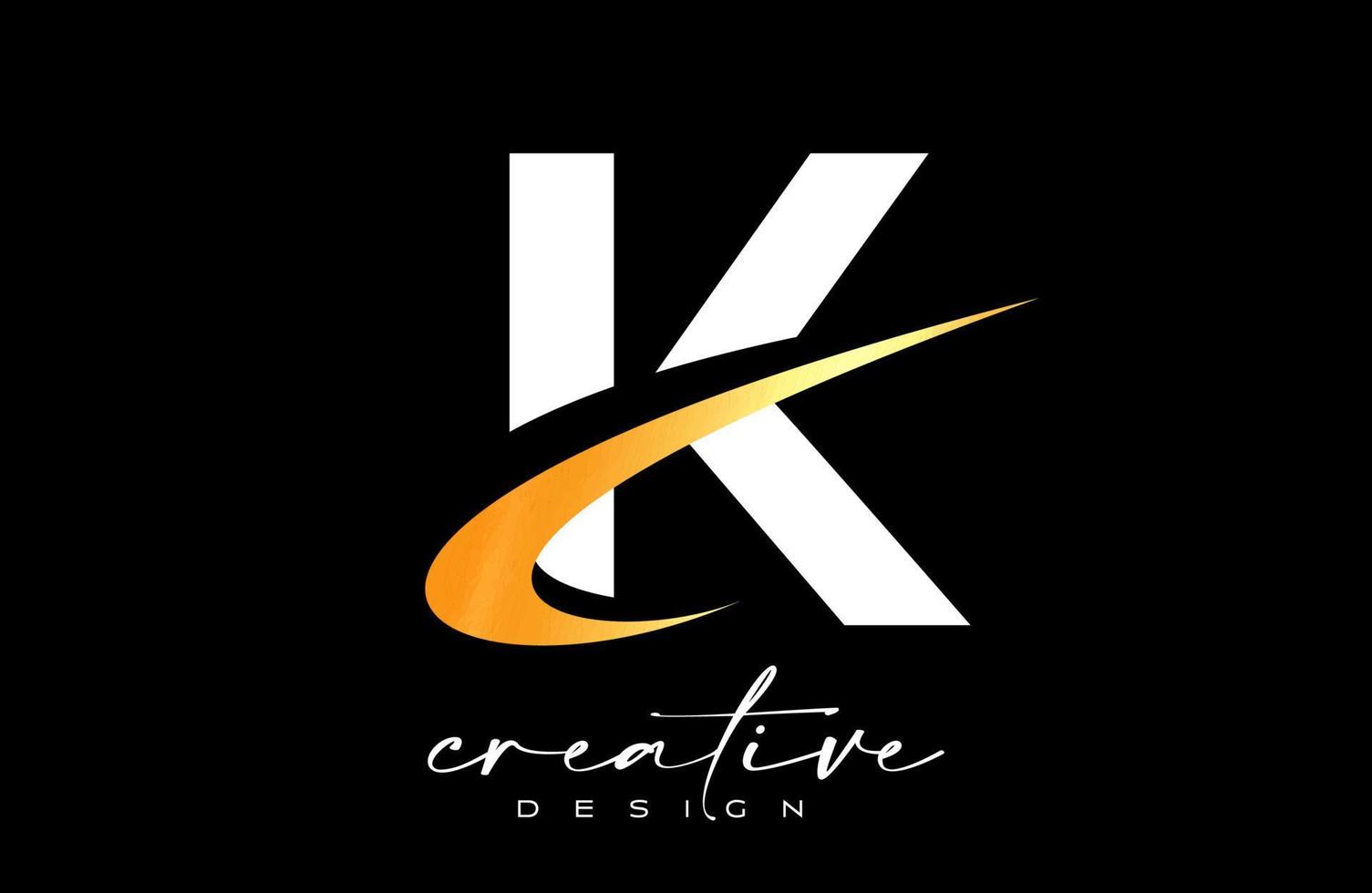 diseño de logotipo de letra k con creativo swoosh dorado. icono inicial de letra k con vector de forma curva
