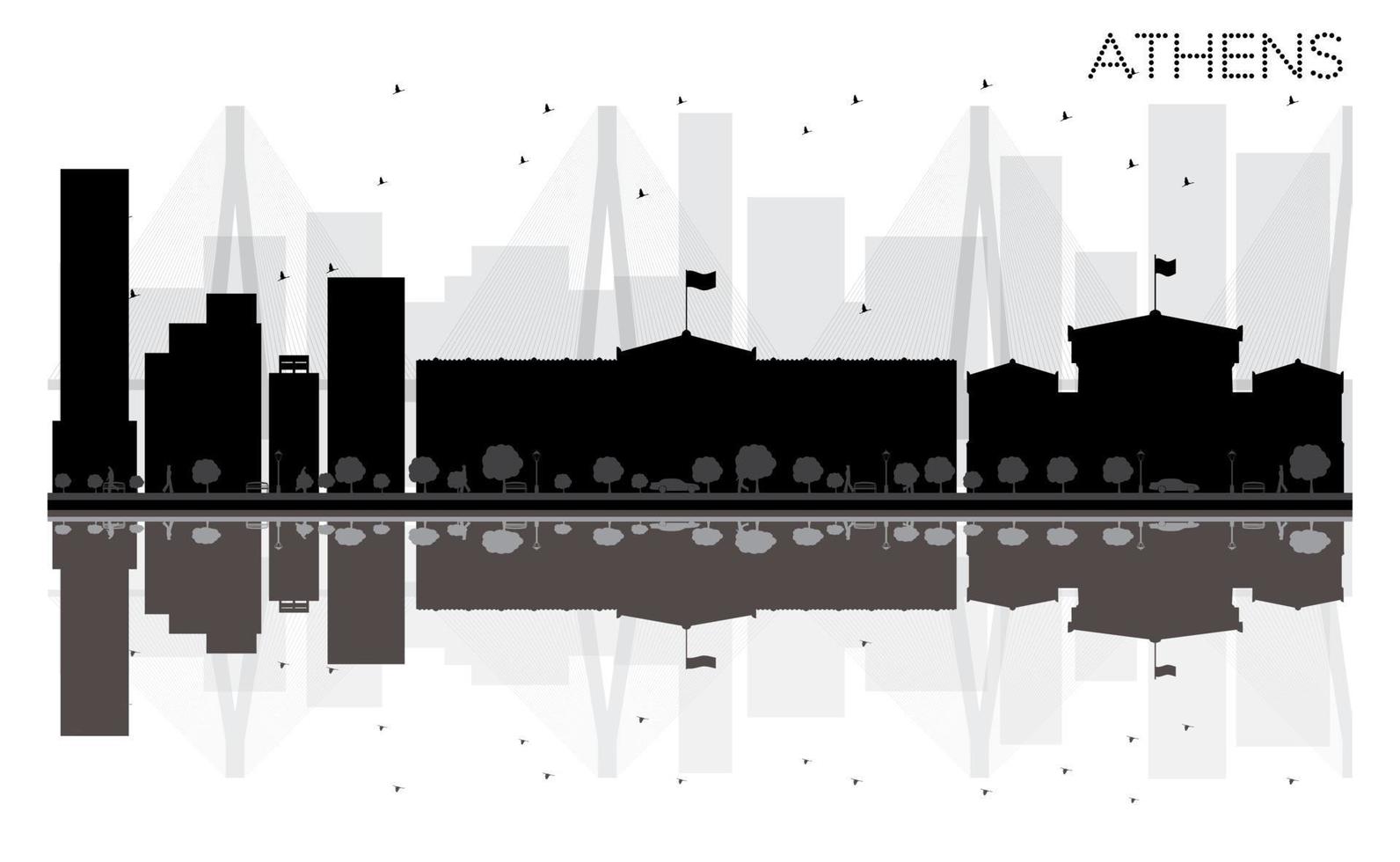 silueta en blanco y negro del horizonte de la ciudad de atenas con reflejos. vector