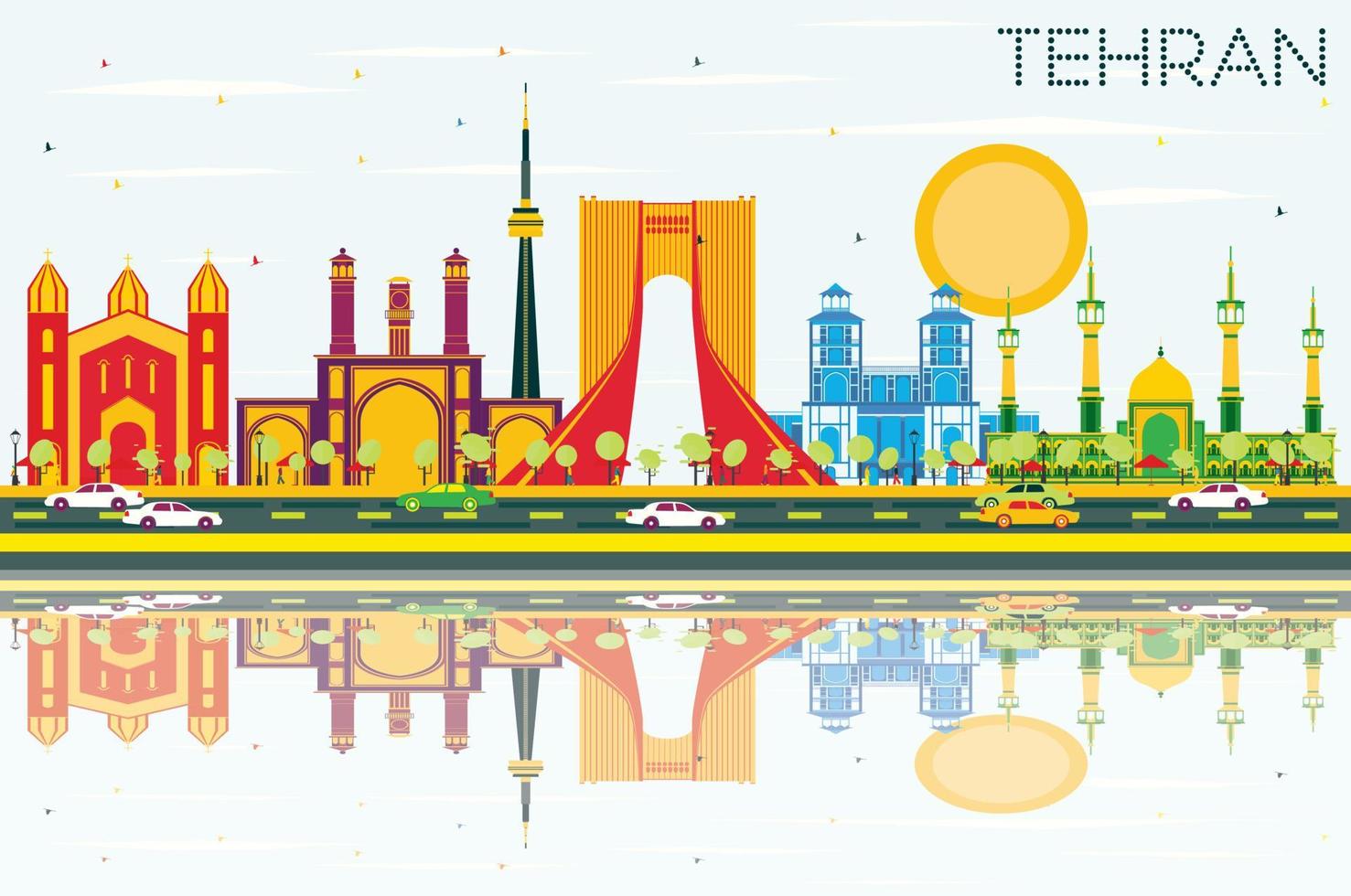 Tehran Skyline with Color Landmarks, Blue Sky and Reflections. vector