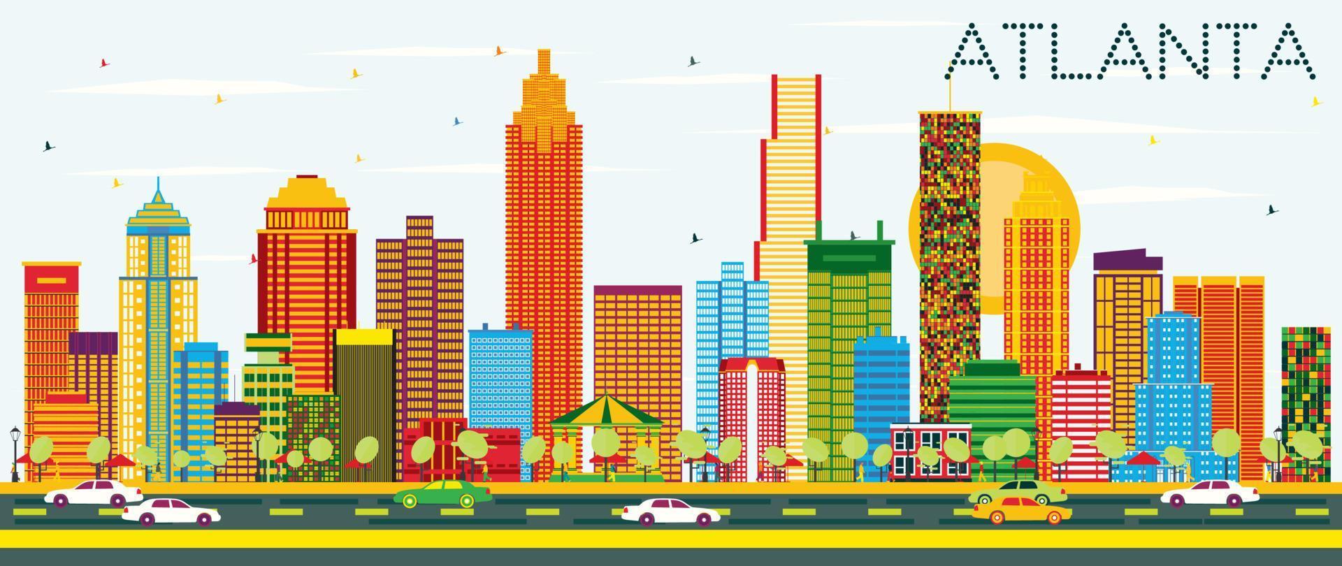 Atlanta Skyline with Color Buildings and Blue Sky. vector