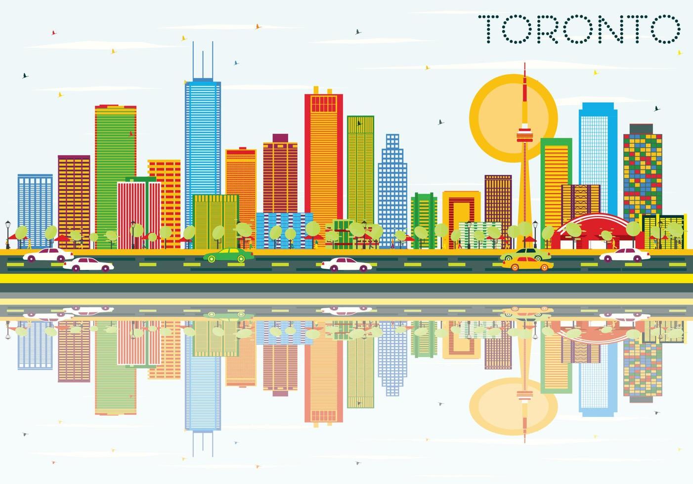 Toronto Skyline with Color Buildings, Blue Sky and Reflections. vector