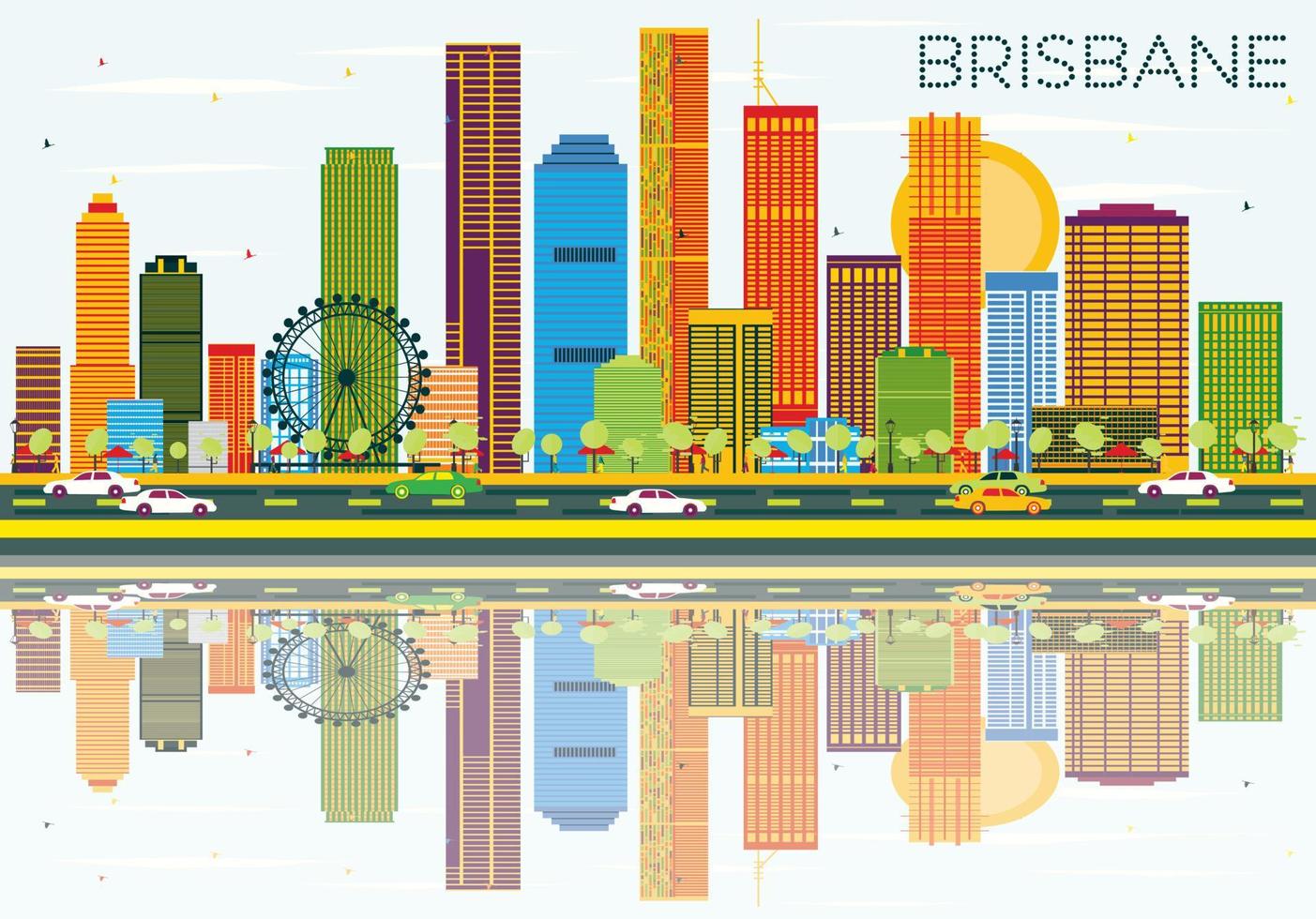 horizonte de brisbane con edificios de color, cielo azul y reflejos. vector