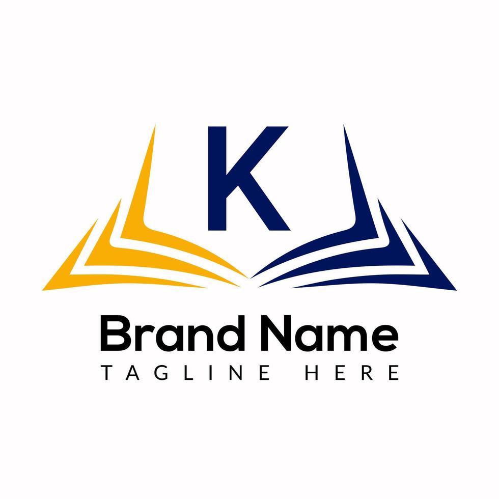 logotipo de educación en la plantilla de letra k. logotipo de libro abierto en letra k, plantilla de concepto de signo educativo inicial vector