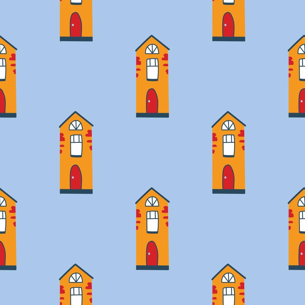 Vector pattern with cute nordic multicolored houses in doodle style, hygge, cozy house on a white background. Pattern for fabrics, postcards, gift wrapping, pajamas.