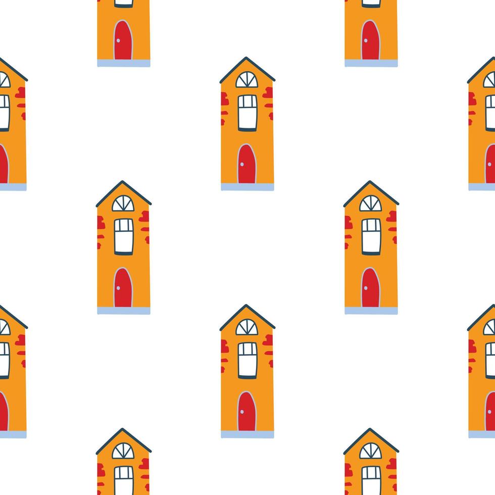 Vector pattern with cute nordic multicolored houses in doodle style, hygge, cozy house on a white background. Pattern for fabrics, postcards, gift wrapping, pajamas.