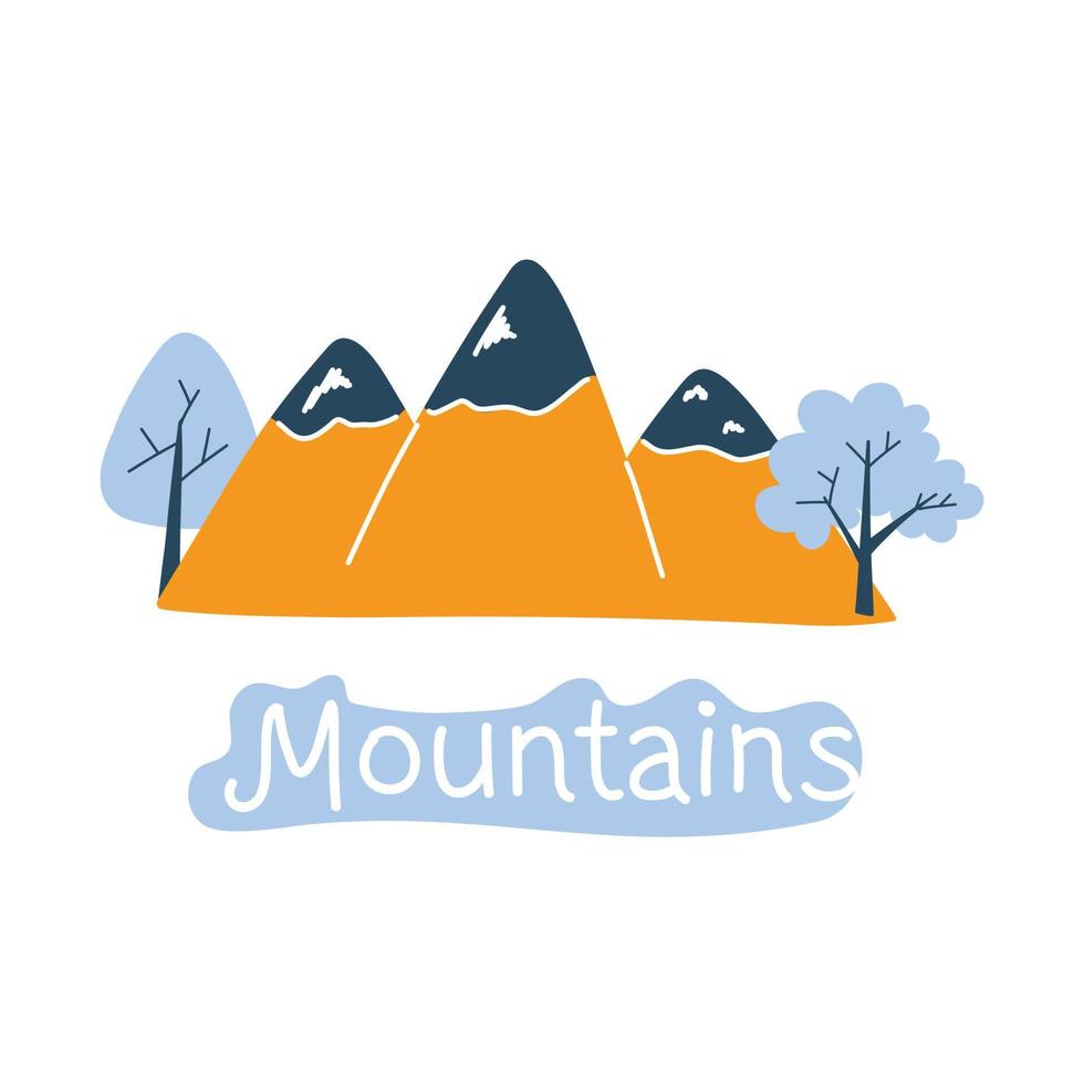 ilustración vectorial con lindas montañas y árboles de colores y las montañas de inscripción en estilo garabato, coloridos picos de montaña y plantas de dibujos animados. linda ilustración para postales, carteles, telas, vector