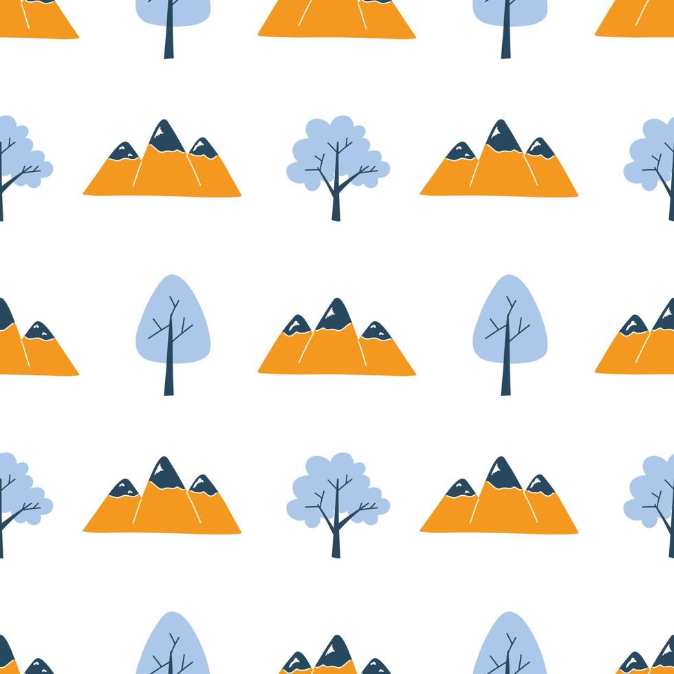 Vector pattern with cute Scandinavian colorful houses, mountains and trees in the style of doodle, hugge, cozy forest, nature. Pattern for fabrics, postcards, gift wrapping, pajamas.