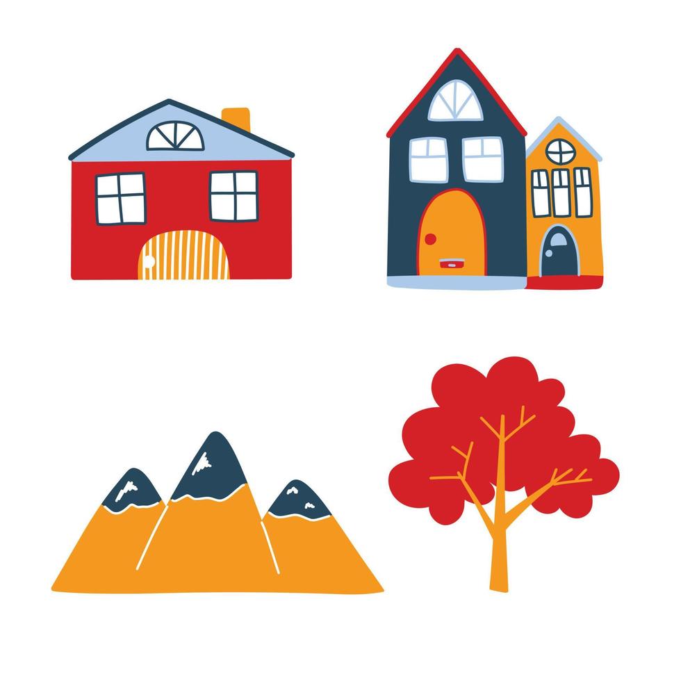 Vector set with cute colored houses, mountains and trees in doodle style. Norwegian houses, mountain peaks. Cute illustrations for postcards, posters, fabrics, design