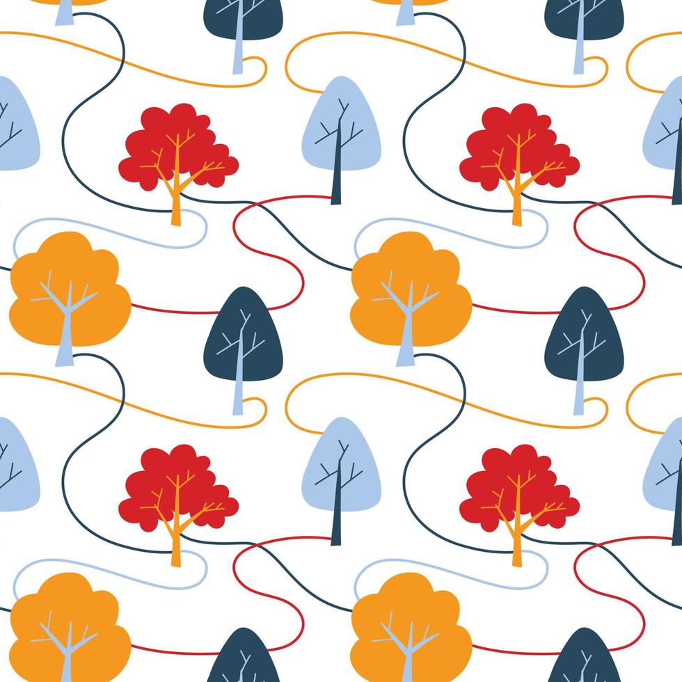 Vector pattern with cute Scandinavian multicolored trees in the style of doodle, hugge, cozy forest, nature. Pattern for fabrics, postcards, gift wrapping