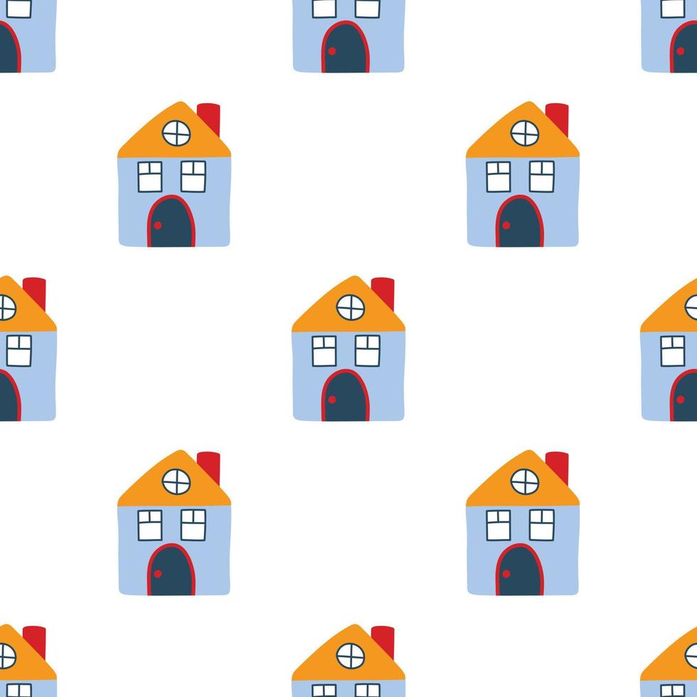 Vector pattern with cute nordic multicolored houses in doodle style, hygge, cozy house on a white background. Pattern for fabrics, postcards, gift wrapping, pajamas.